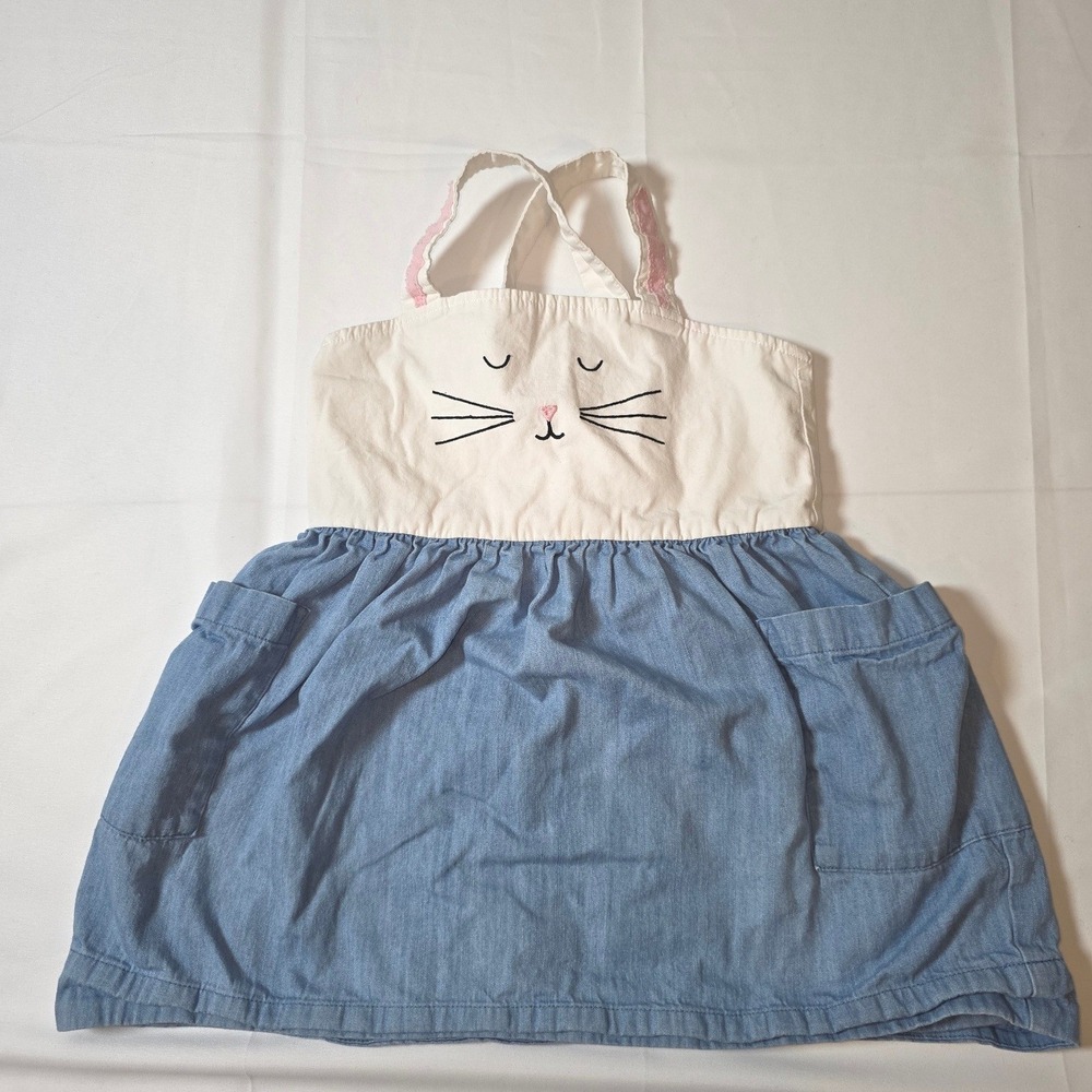 Hanna Andersson Bunny Pinafore Dress Blue White‎ Chambray Pockets Size 4 100